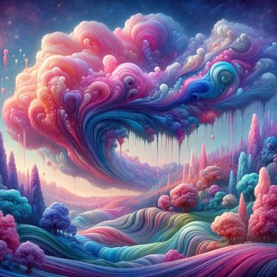 The primary subject of the image is a vibrant and colorful landscape featuring a cloudy sky, trees, and a rainbow. The setting is a lush, pink-colored forest with a variety of trees and a hillside. The visual style is a digital art or illustration, creating a whimsical and imaginative atmosphere. The dominant colors are pink, purple, and blue, giving the scene a dreamy and surreal quality.